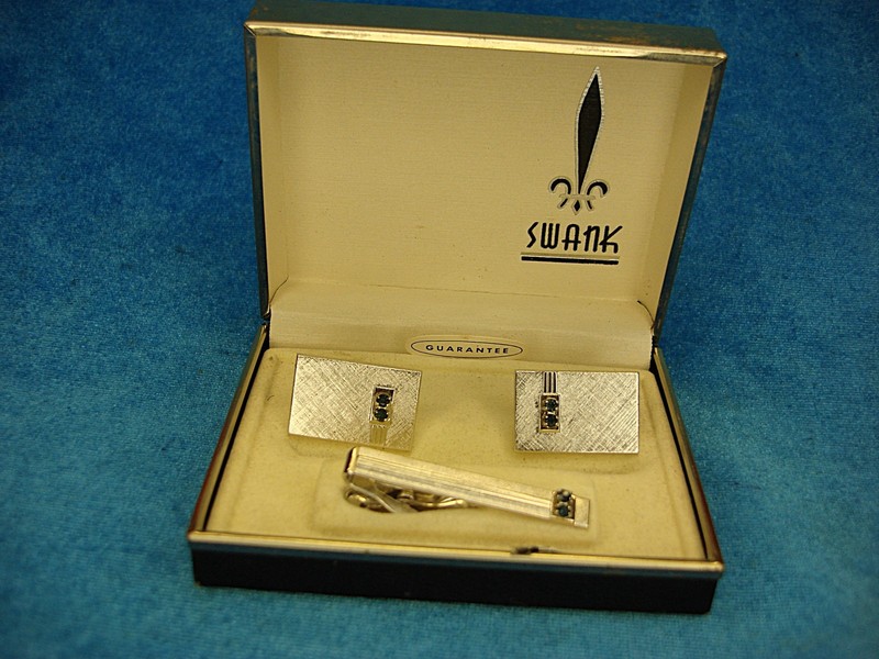 Vintage Swank cufflinks and tie clip set with blue stones in original box