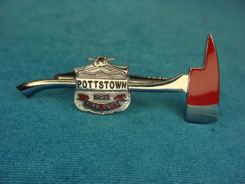 Vintage chrome and enamel tie clip featuring an axe design, Potstown Volunteer Fire Company