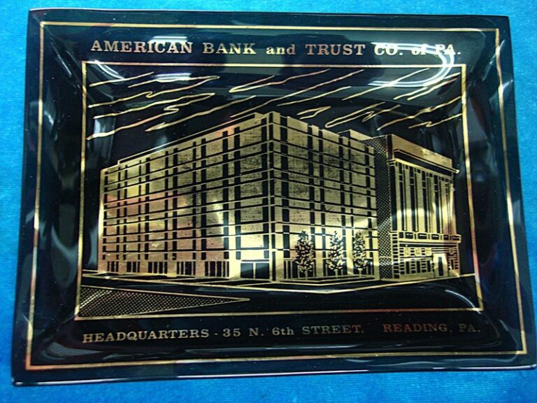 Vintage smoked glass tray featuring the American Bank & Trust Co. of Pennsylvania Headquarters, Reading, PA