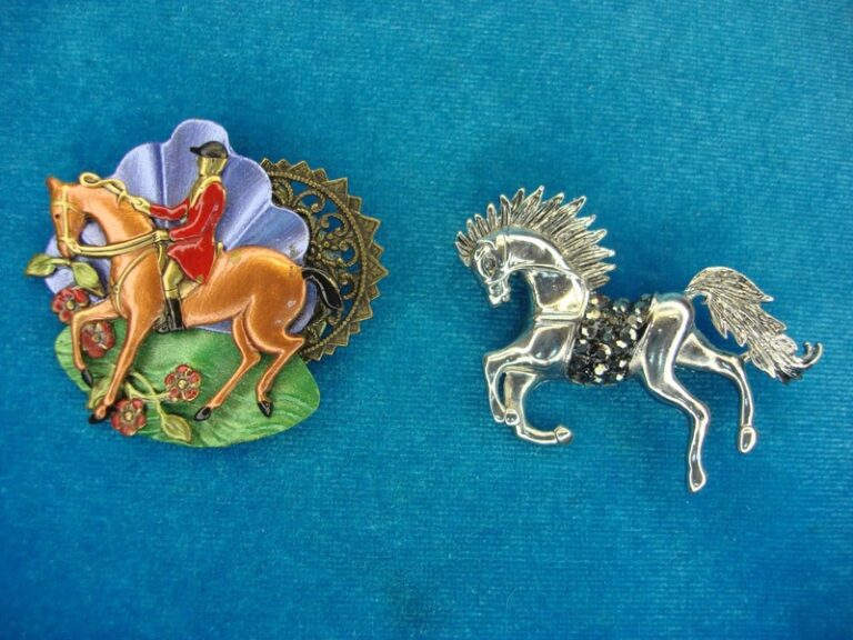 Equestrian Pins Set - Horse & Rider Enamel Pin, Silver Tone Horse with Marcasite (2 Pack)