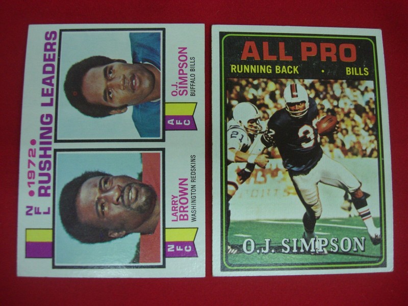 Vintage O.J. Simpson football cards from 1973 Topps Rushing Leaders and 1974 Topps Bills