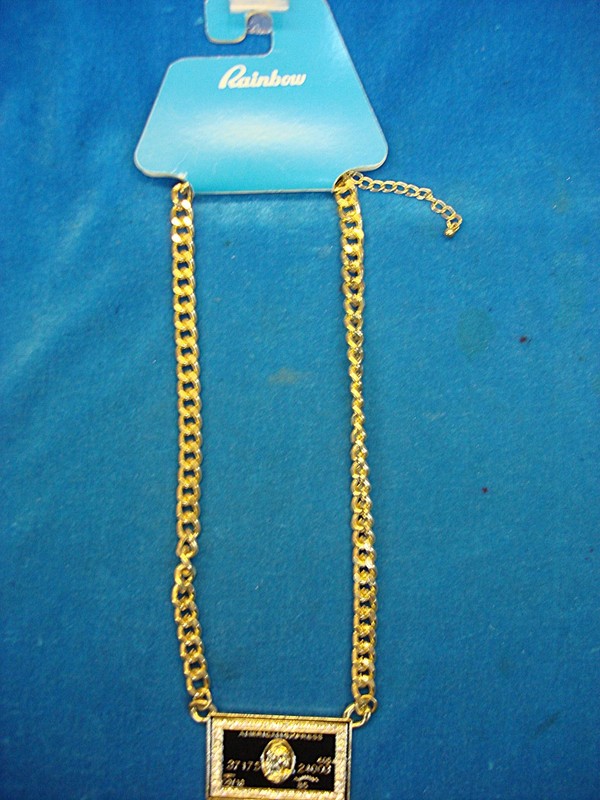 Heavy gold tone necklace with simulated AMEX card and diamonds