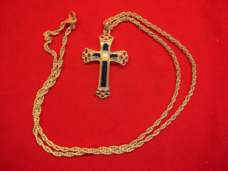 Limited Edition 1994 Gold Tone Cross Necklace w/Enamel & Pearl - 24" Chain