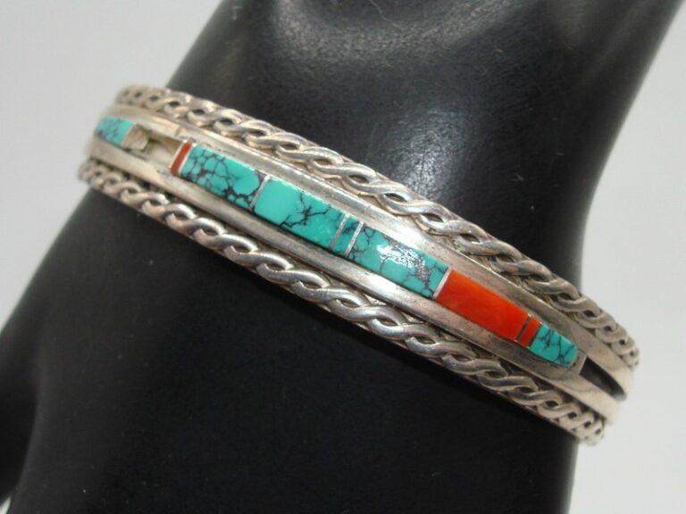 Vintage Native American sterling silver cuff bracelet with turquoise and coral inlay, signed WM