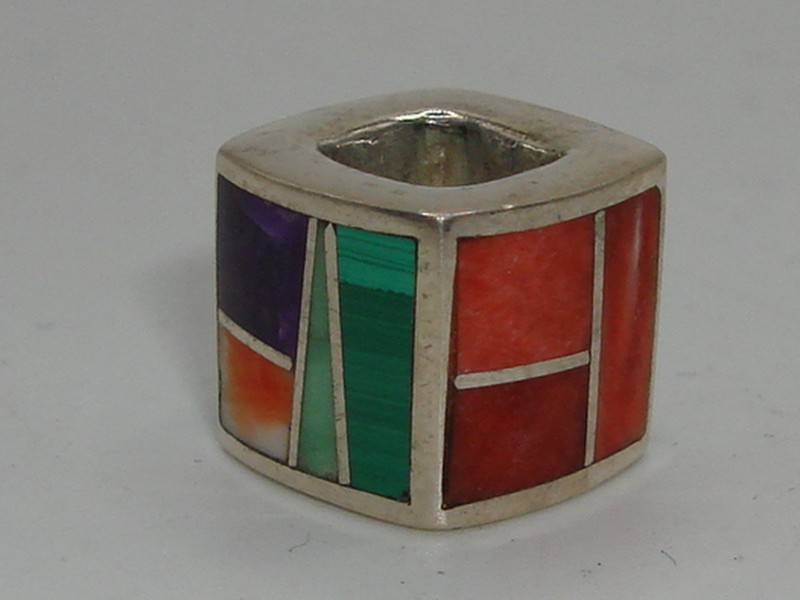 Vintage Navajo sterling silver charm with coral, turquoise and other gemstone inlays