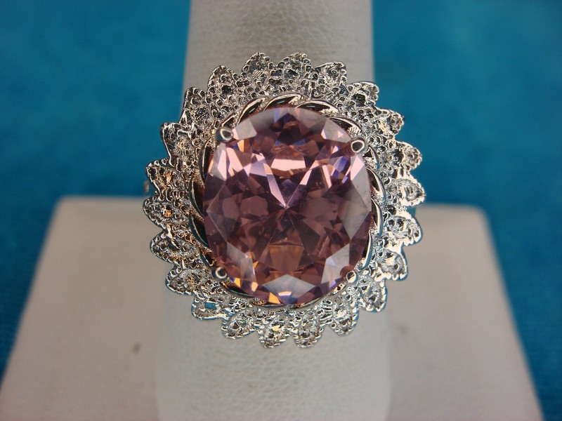 Large pink oval sterling silver ring, size 9.25