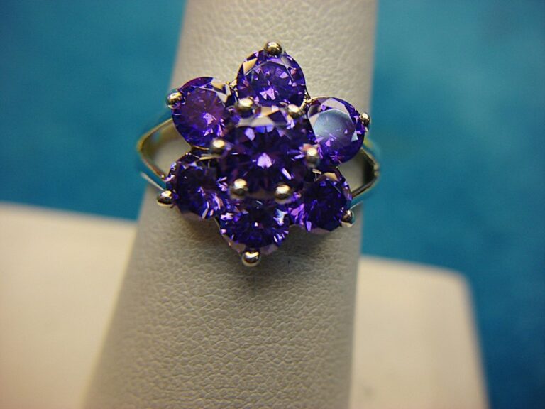 Sterling silver ring with purple facetted round stones, size 8