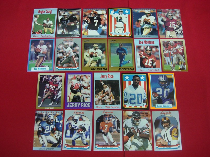 Vintage Broder football card lot featuring Joe Montana, Bo Jackson, Walter Payton, Jerry Rice and more