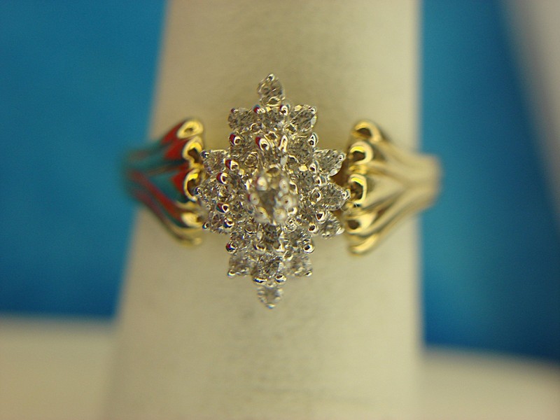 Sterling Silver Ring w/Gold Vermeil Band & Simulated Diamond Waterfall - Size 6.75