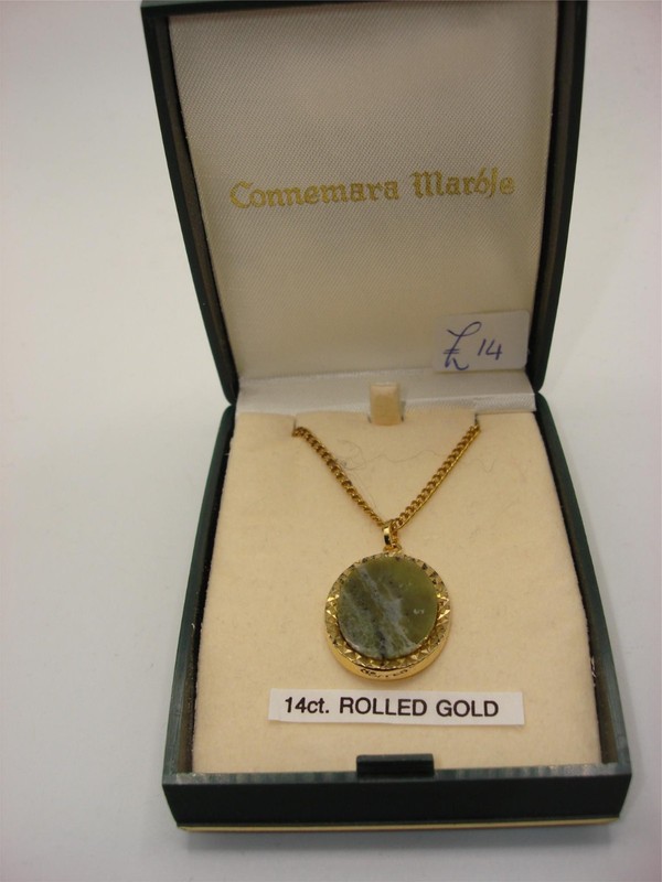 Vintage Connemara marble necklace with 14K rolled gold chain in original box