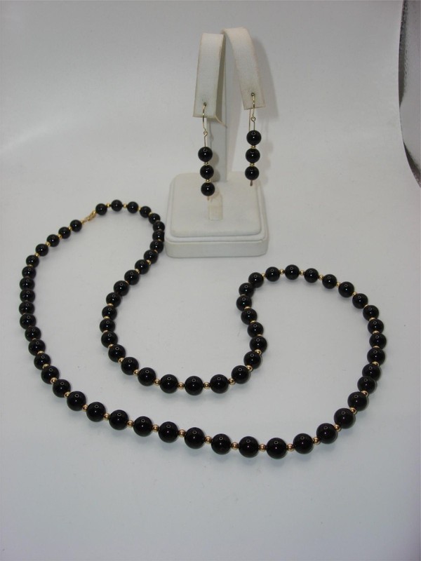 14K Gold Onyx Necklace and Earrings Set