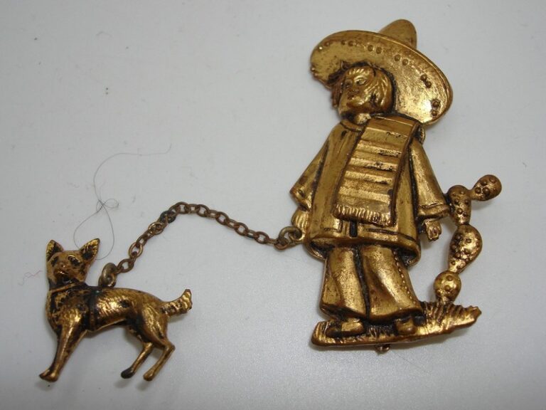 Vintage Mexican man and Chihuahua gold-washed pin (1940s)