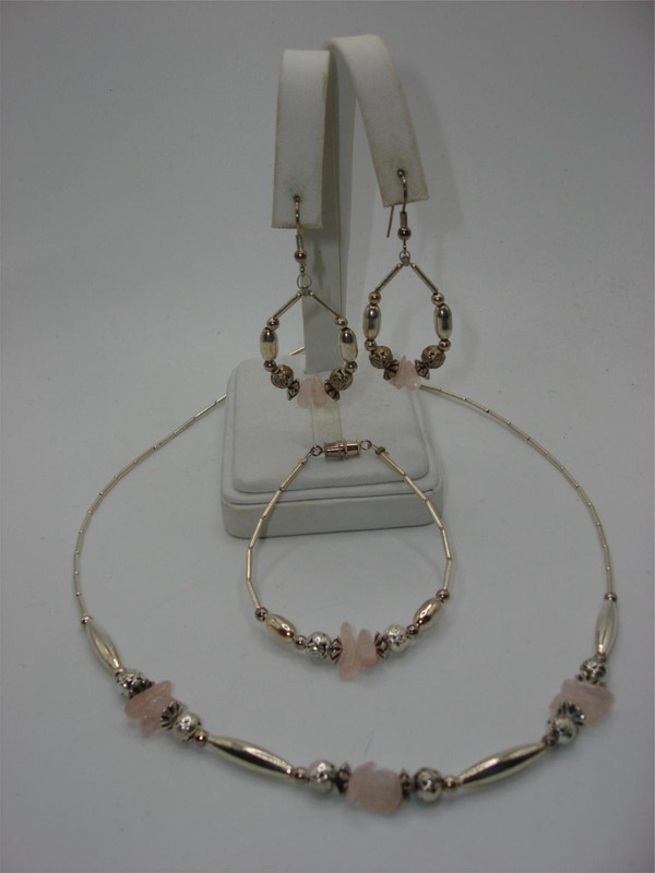 Vintage Southwestern Silver & Rose Quartz Jewelry Set: Necklace, Bracelet & Earrings