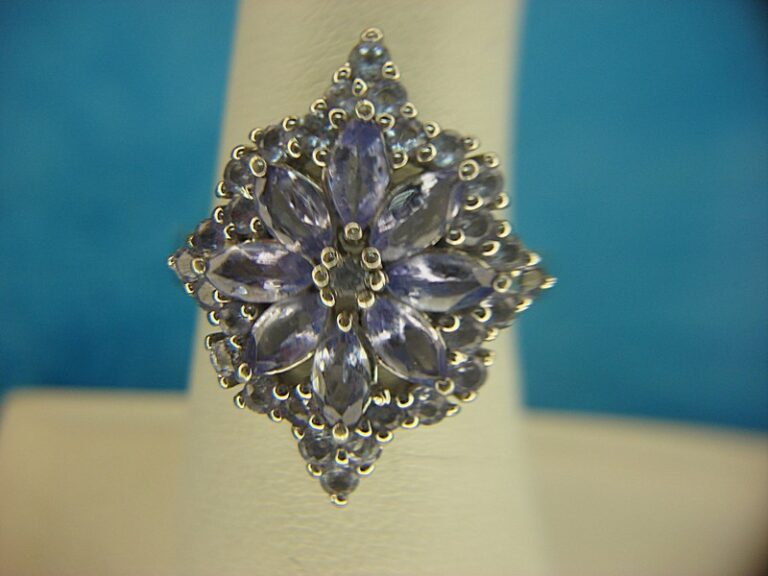 Sterling silver ring with a marquise-cut purple gemstone and halo of round purple stones, size 7 1/4
