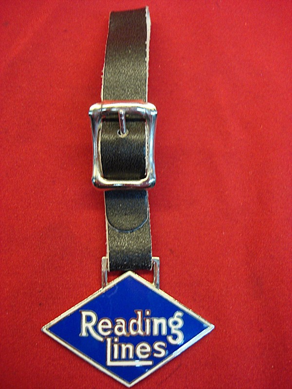 Blue enamel pocket watch fob with strap, READING LINES RR, excellent condition