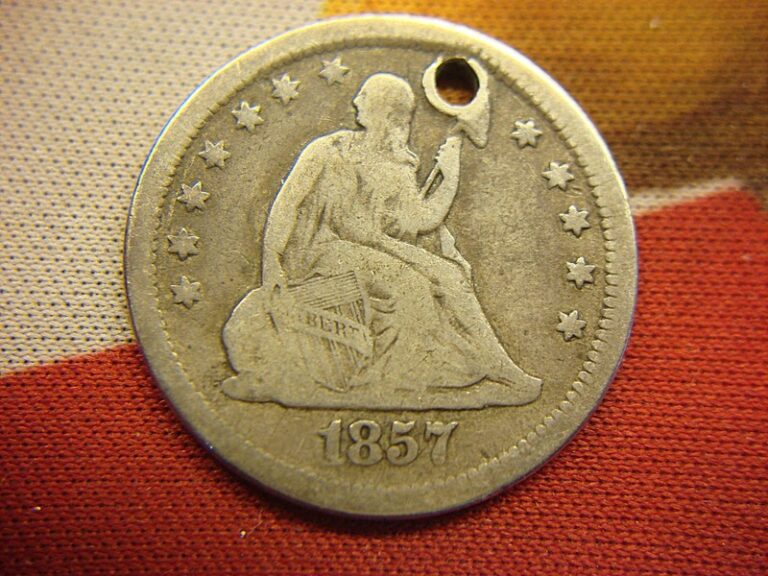 1857 Seated Liberty Quarter, Variety 1, no motto, full rims, previously holed