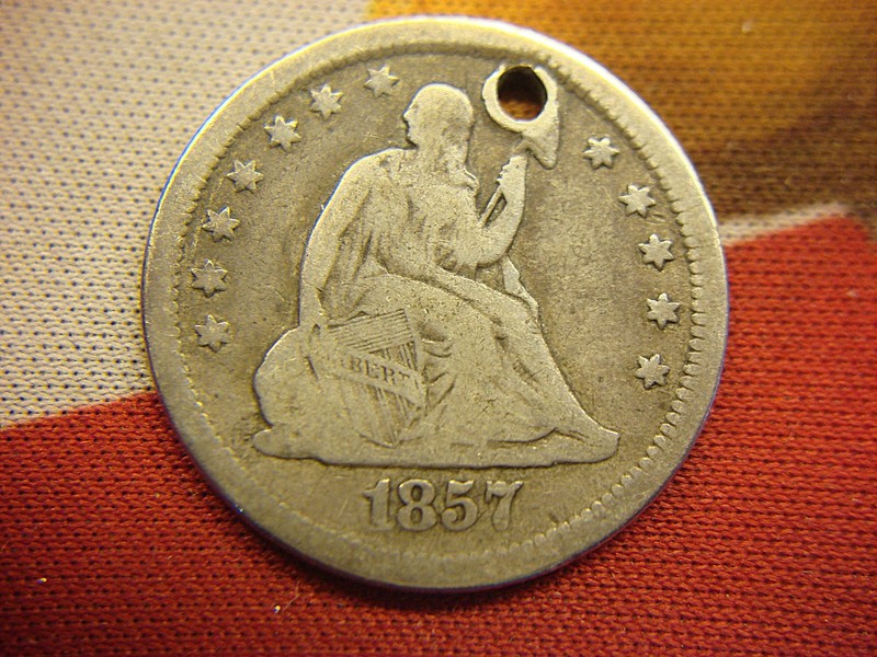 1857 Seated Liberty Quarter, Variety 1, no motto, full rims, previously holed