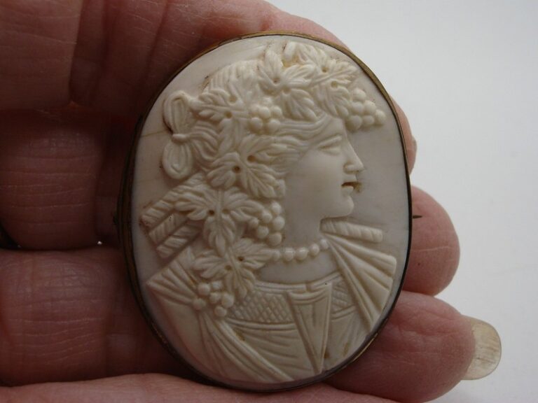 Antique 1890s Bacchante cameo brooch in carved white coral