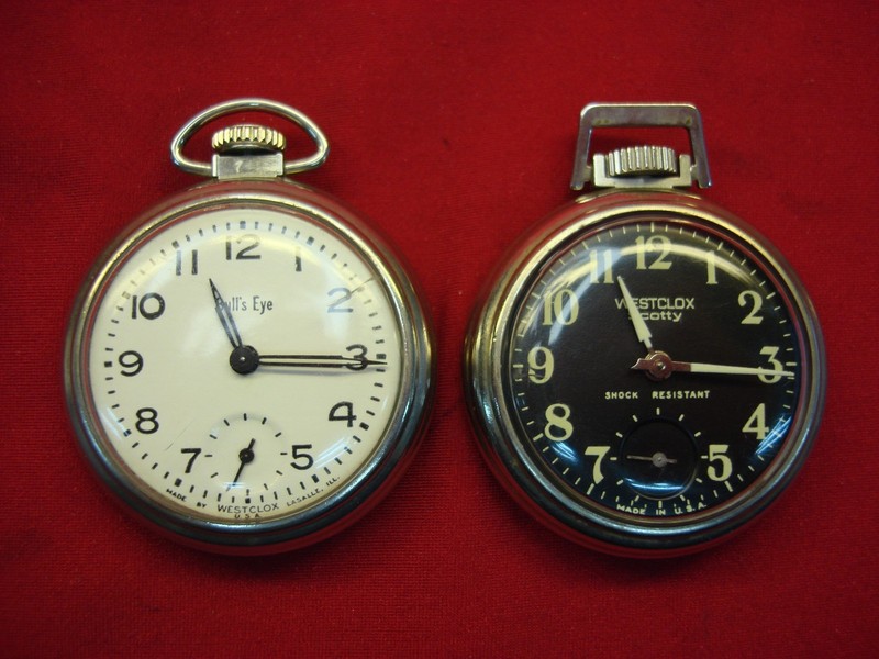 Vintage Westclox Bull's Eye and Scotty pocket watches, running pair