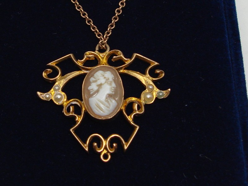Antique 10K gold carved shell cameo necklace with seed pearls (16 inches)