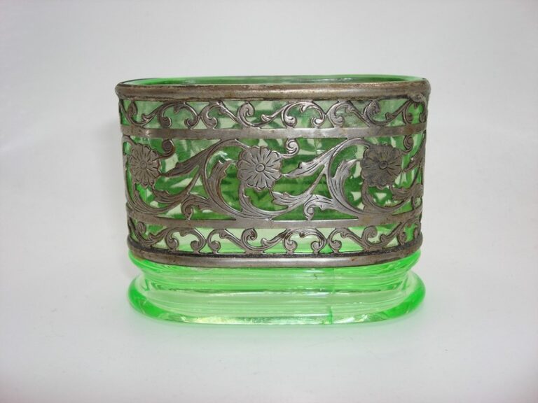 Vintage Bon Ton Vaseline glass and silver cigarette and match holder, 1930s-40s