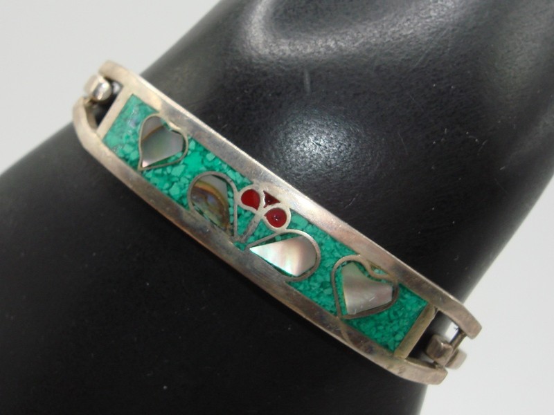 Vintage Mexican silver bracelet with turquoise, MOP, and coral inlay, 6 inches