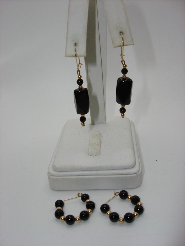 Genuine Onyx Bead Earrings Set (2 Pairs) - Estate Find - Gold Tone Hoops & Dangles