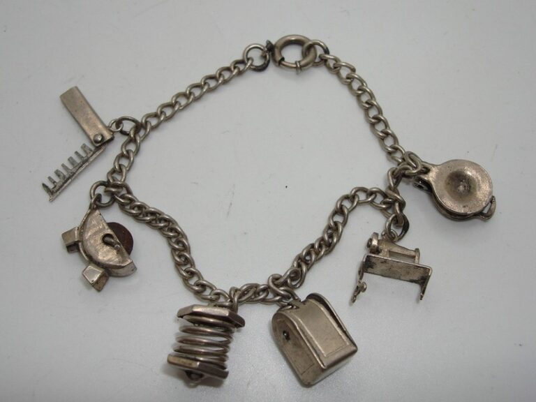 Vintage 1940s Mexico Sterling Silver Mechanical Charm Bracelet (6 Charms)