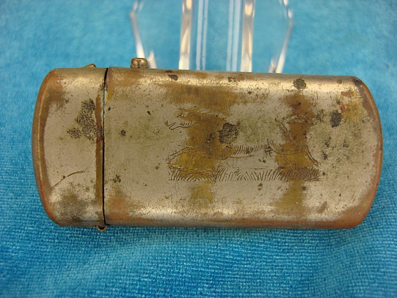 Antique copper match safe with hunting dog design, vintage restoration project