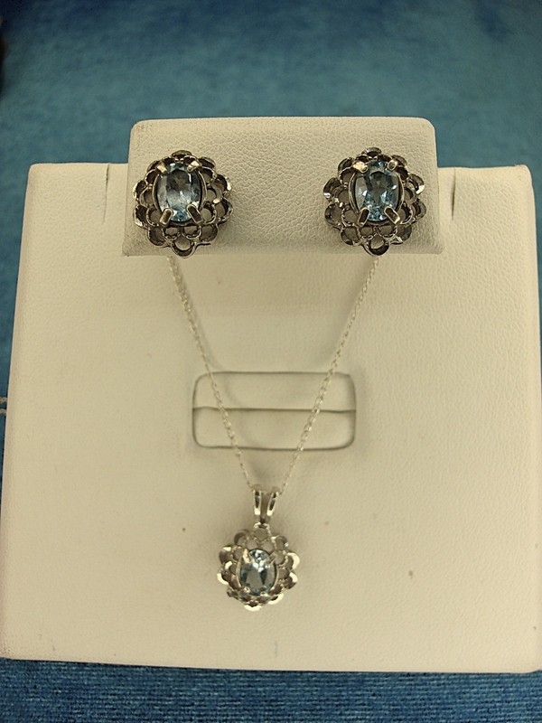 Sterling silver blue topaz jewelry set with earrings and pendant necklace