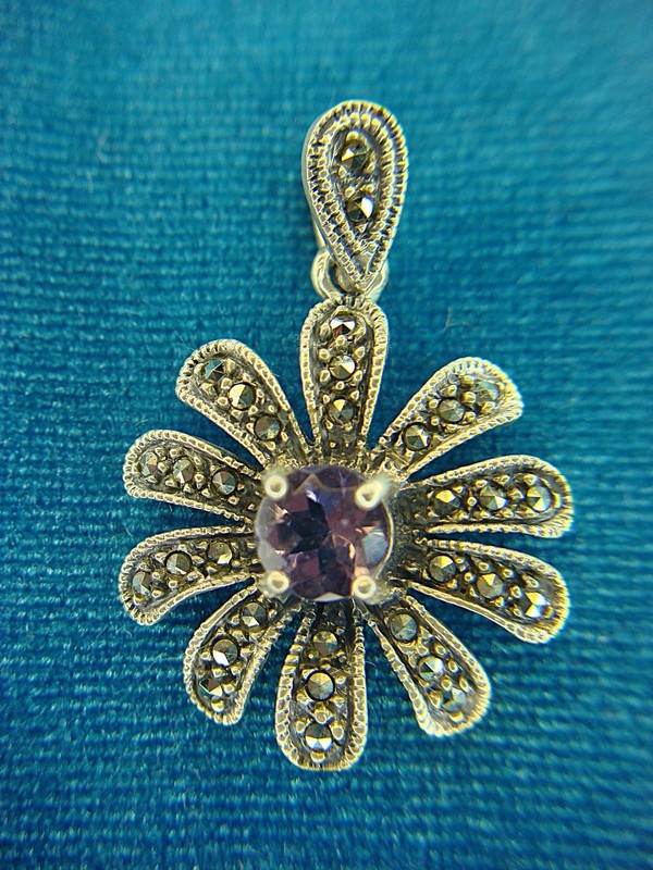 Sterling silver amethyst and marcasite flower pendant, pre-owned, excellent condition
