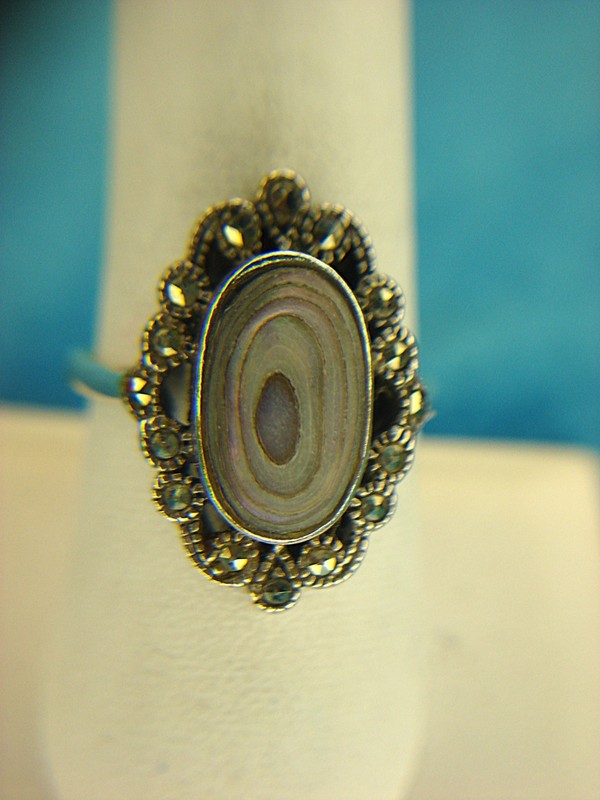 Sterling Silver Abalone Ring with Marcasite Accents - Size 9