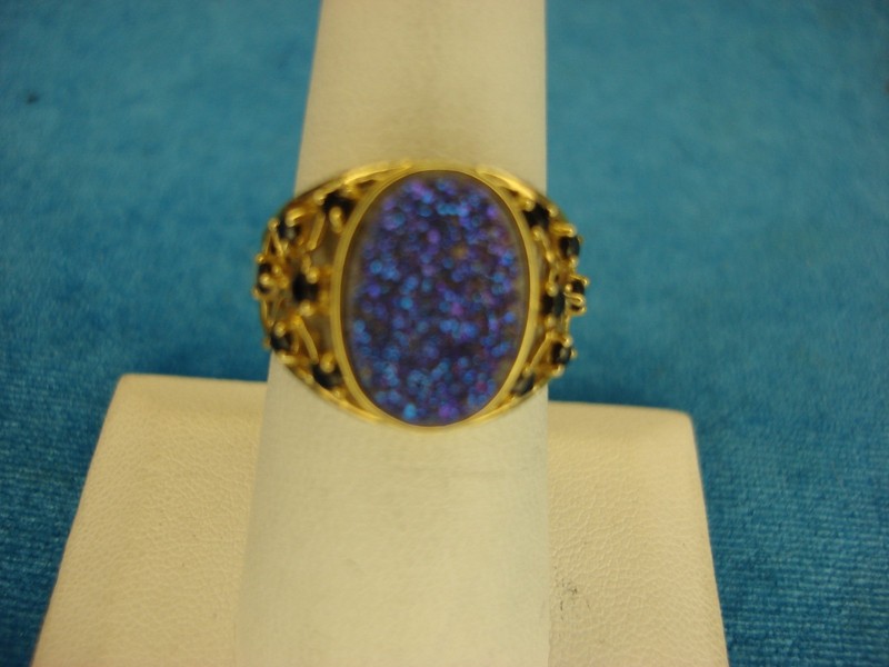 Sterling silver ring with gold vermeil, simulated drusy and sapphire stones, size 7