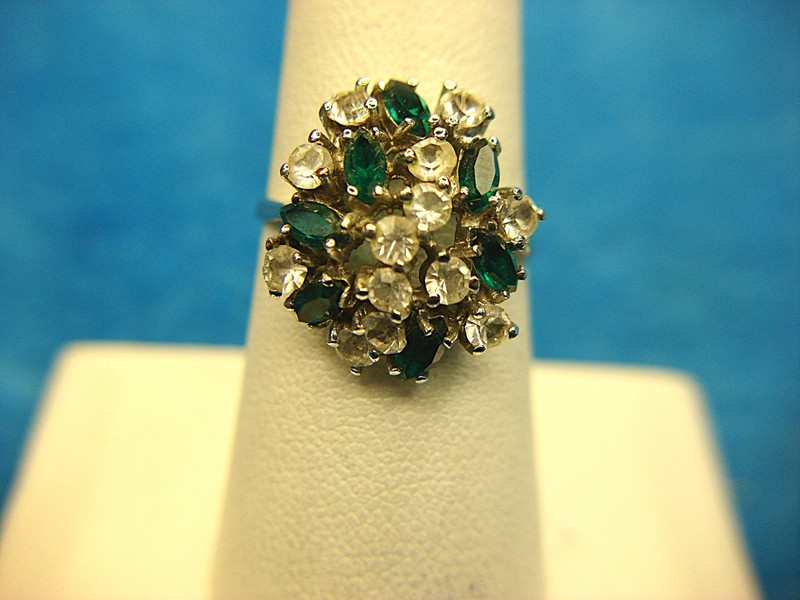 Sterling silver ring with clear and emerald green stones, size 7 1/4