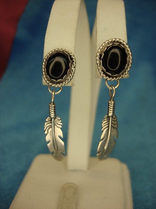 Sterling silver feather dangle earrings with onyx
