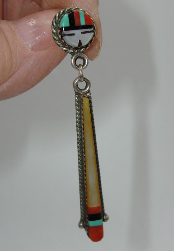 Vintage Zuni sterling silver inlaid earring with mother of pearl, coral, onyx, and turquoise
