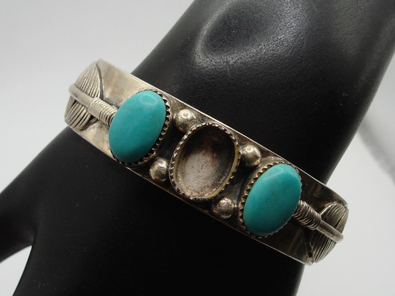 Vintage Native American Sterling Silver & Turquoise Cuff Bracelet | 925, Feathers & Cabochons