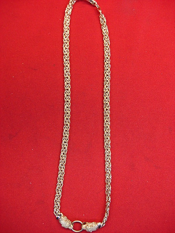 JCM Sterling Silver Byzantine Chain Necklace with Panther Pendants & CZs - Rose Gold Vermeil