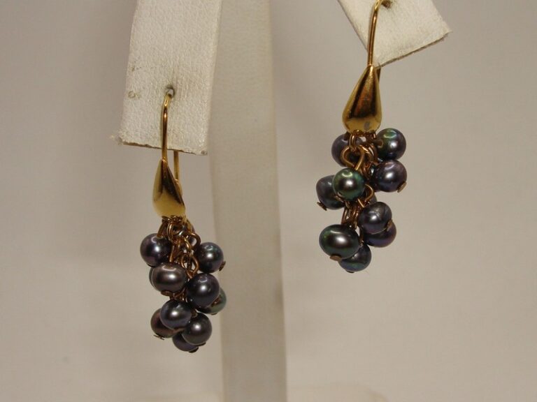 Black Freshwater Baroque Pearl Grape Cluster Earrings - Gold Tone