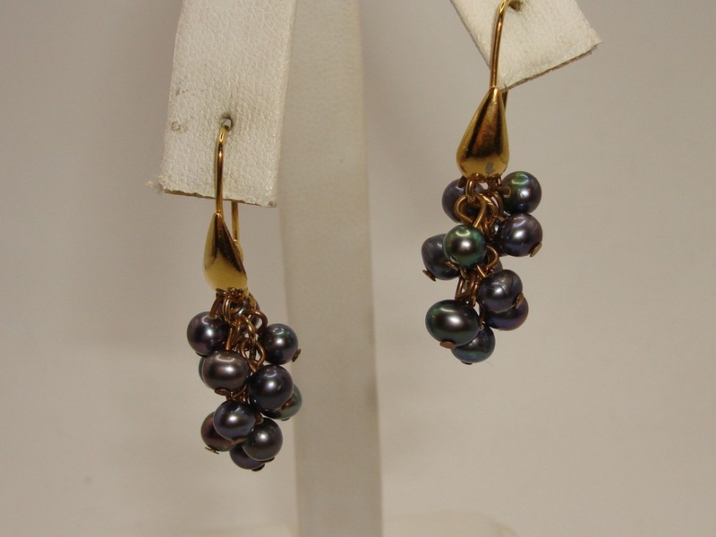 Black Freshwater Baroque Pearl Grape Cluster Earrings - Gold Tone