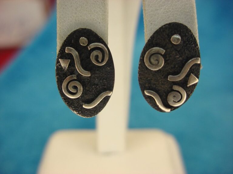 Sterling silver abstract spiral earrings with black enamel