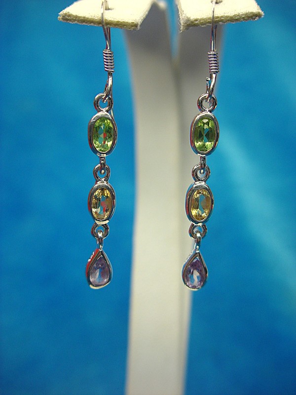 Sterling silver dangle earrings with multicolor gemstones