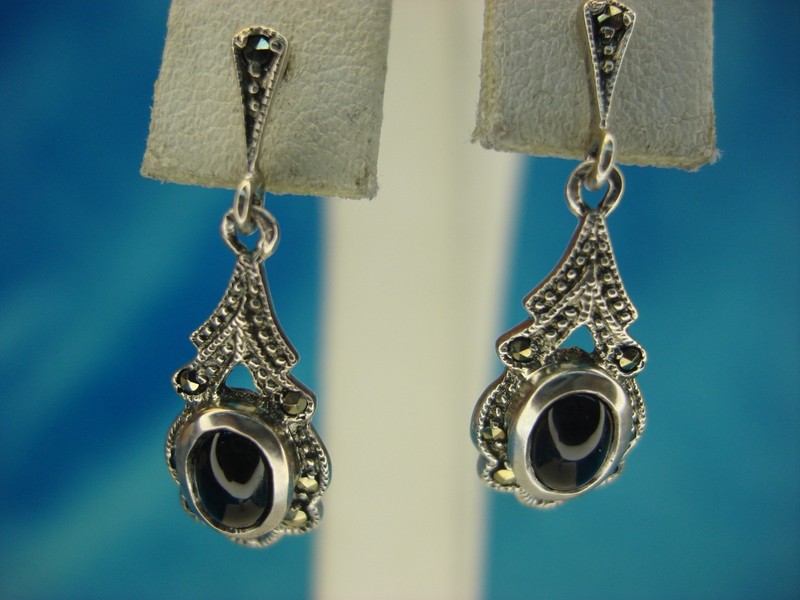 Sterling Silver Onyx & Marcasite Dangle Earrings