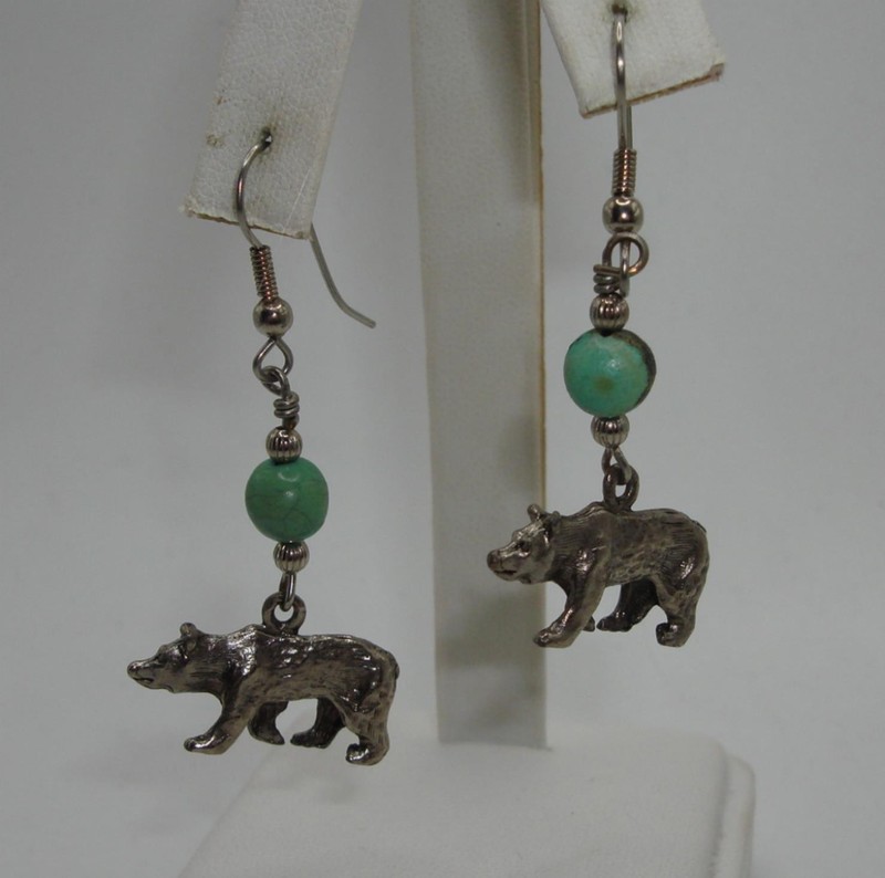 Vintage Native American sterling silver turquoise and bear dangle earrings