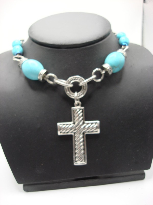 Vintage silver and blue howlite cross necklace
