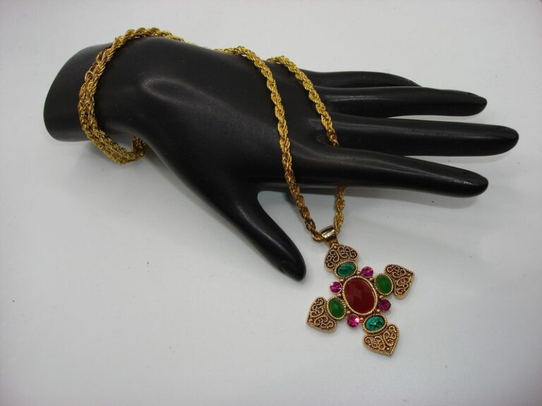 Vintage Byzantine cross pendant necklace in gold tone with green and pink rhinestones