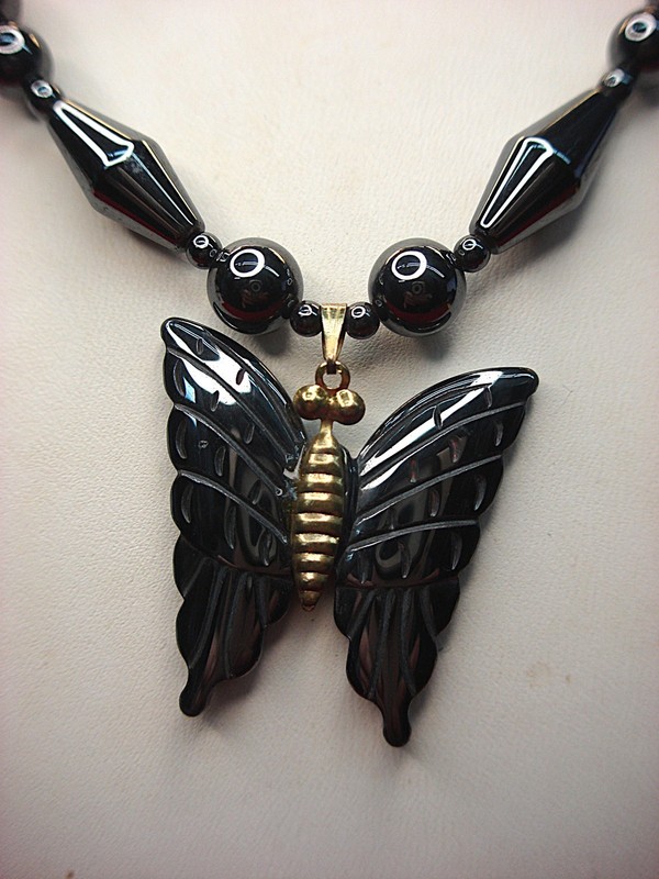 Handmade Hematite Butterfly Necklace | 17" Black Stainless Steel Chain