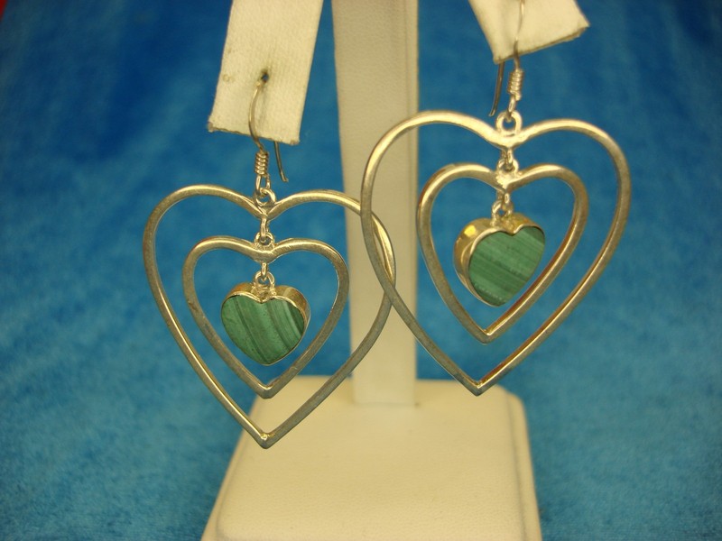 Sterling silver triple heart dangle earrings with green gemstones