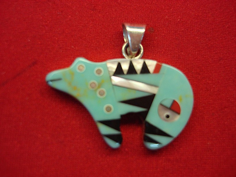 Vintage Zuni Sterling Silver Bear Pendant with Turquoise Inlay