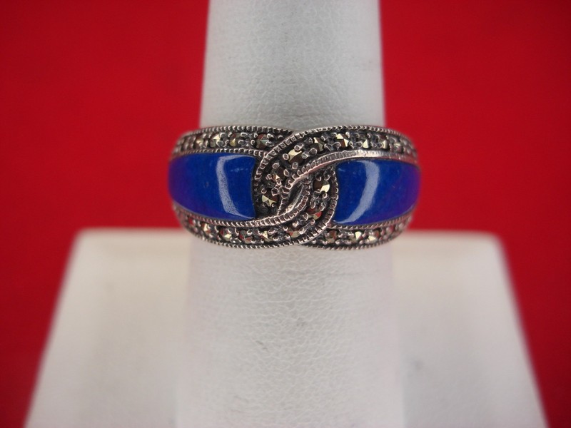 Sterling silver ring with a lapis lazuli center and marcasite accents, size 8 1/4